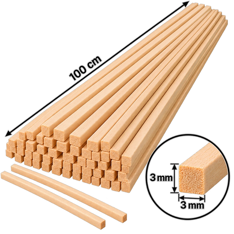 Ihlamur Maket Çıtası 3×3 mm -100 cm (50 Adet)